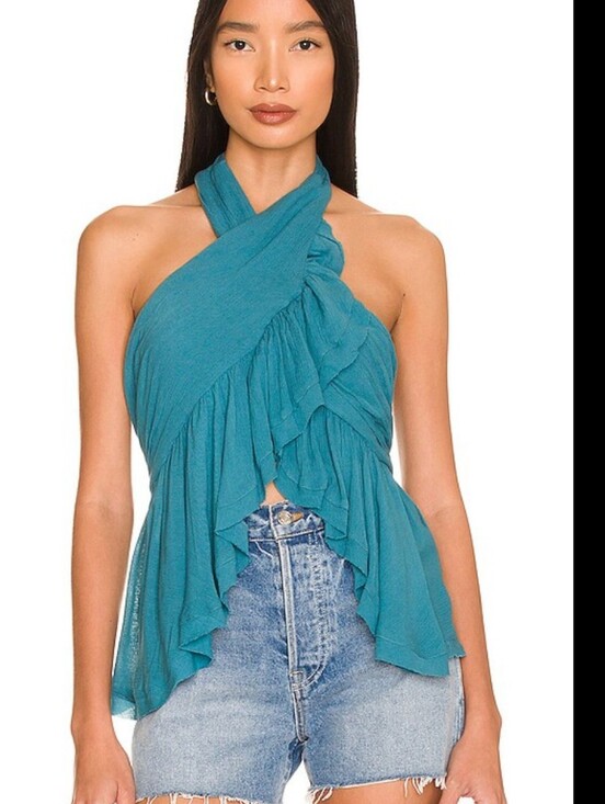 Free People Tops - Free People Boho chic Halter Teal Wrap Top Flowy Ruffled Festival Beach Size Xs